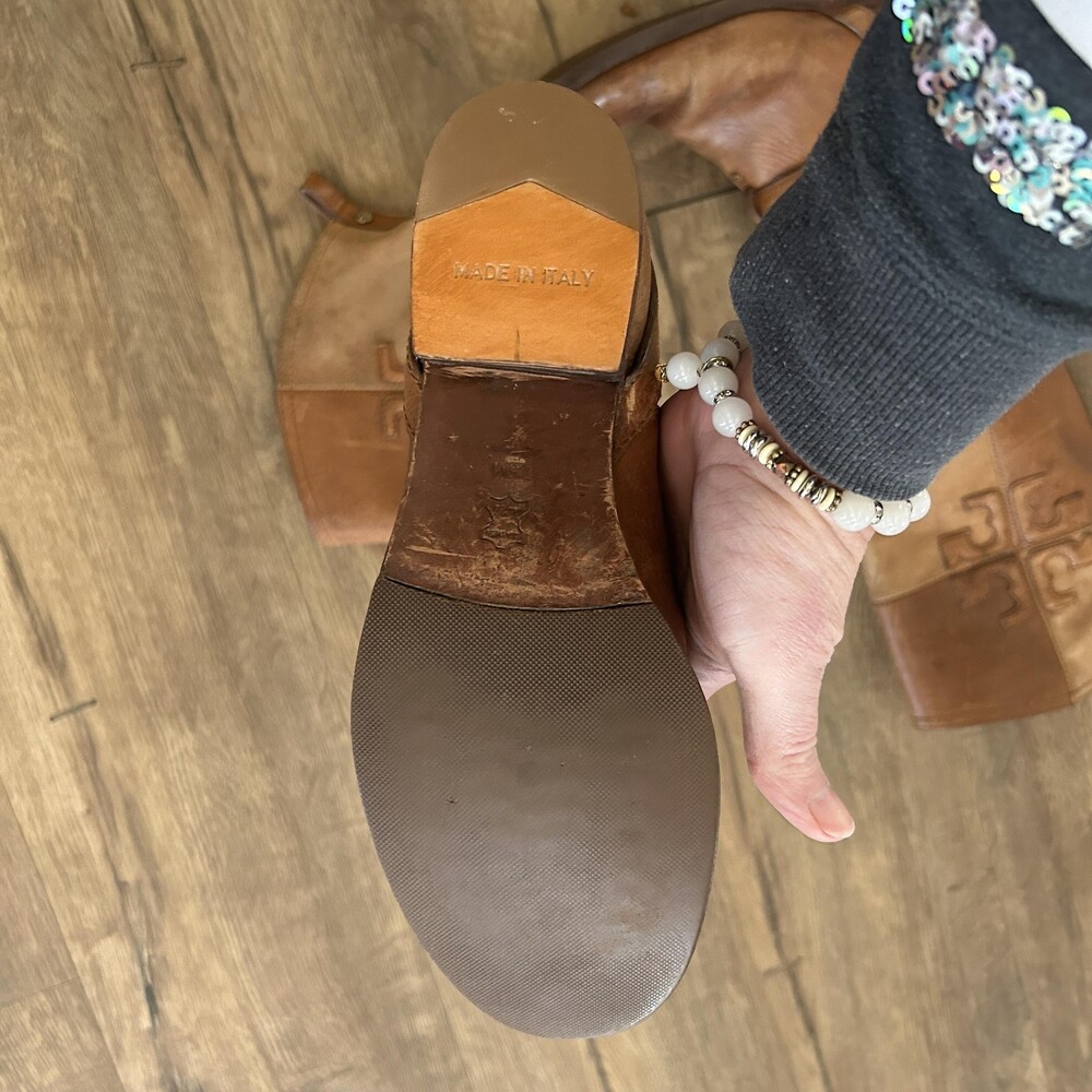 Tory Burch Boots Womens 7.5 Brown Leather Knee High Riding Buckle Logo Italy - Picture 4 of 8